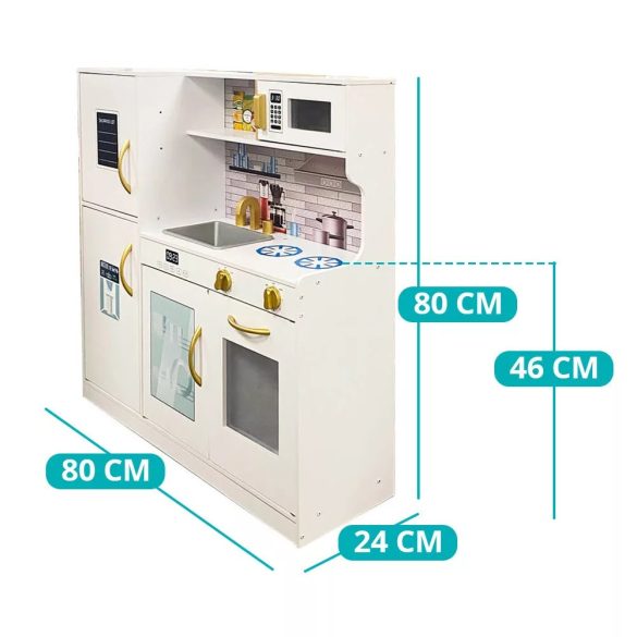 Fa játékkonyha, kiegészítőkkel – serpenyővel, lábassal, spatulával és merőkanalakkal, 46 cm pultmagassággal, tartós és biztonságos fa kivitelben, 3 db AAA elemmel működő lámpával (nem tartozék), 3 éves kortól ajánlott