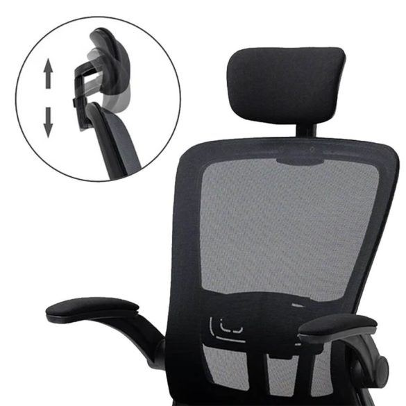 Ergonomikus irodai szék deréktámasszal és fejtámlával, fekete színben, hálós háttámlával, állítható magassággal, párnázott ülőfelülettel, 130 kg teherbírással, otthoni és irodai használatra