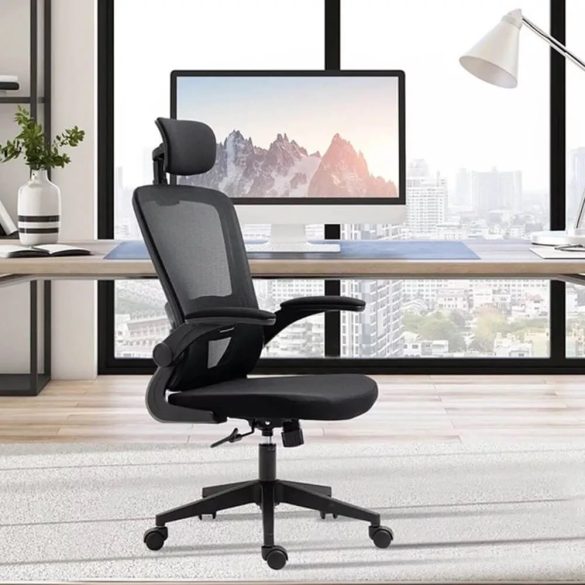 Ergonomikus irodai szék deréktámasszal és fejtámlával, fekete színben, hálós háttámlával, állítható magassággal, párnázott ülőfelülettel, 130 kg teherbírással, otthoni és irodai használatra