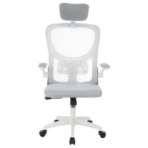 Ergonomikus irodai szék deréktámasszal és fejtámlával, szürke színben, hálós háttámlával, állítható magassággal, párnázott ülőfelülettel, 130 kg teherbírással, otthoni és irodai használatra
