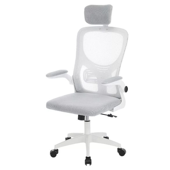 Ergonomikus irodai szék deréktámasszal és fejtámlával, szürke színben, hálós háttámlával, állítható magassággal, párnázott ülőfelülettel, 130 kg teherbírással, otthoni és irodai használatra