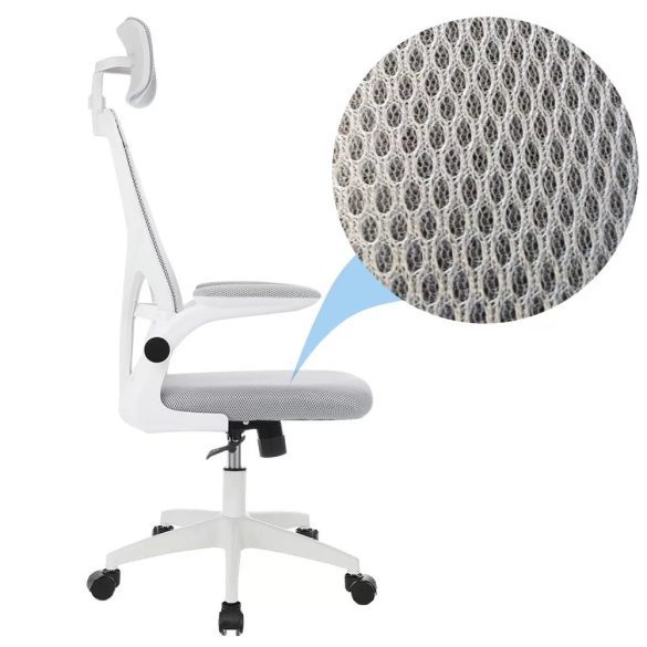 Ergonomikus irodai szék deréktámasszal és fejtámlával, szürke színben, hálós háttámlával, állítható magassággal, párnázott ülőfelülettel, 130 kg teherbírással, otthoni és irodai használatra