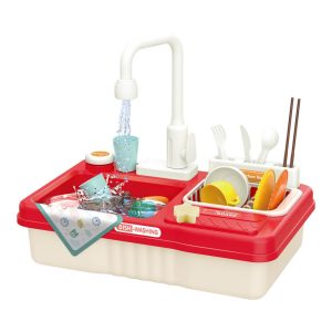 Játék mosogató, 23 db, 40 × 25 × 35 cm, piros, vízsugár funkció, elemes (3 db AA), tépőzáras zöldségek, teáskészlet, két részes