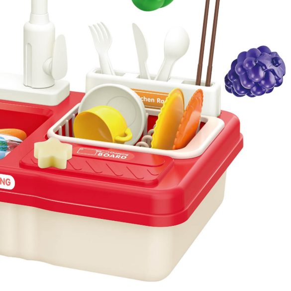 Játék mosogató, 23 db, 40 × 25 × 35 cm, piros, vízsugár funkció, elemes (3 db AA), tépőzáras zöldségek, teáskészlet, két részes