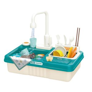 Játék mosogató, 23 db, 40 × 25 × 35 cm, kék, vízsugár funkció, elemes (3 db AA), tépőzáras zöldségek, teáskészlet, két részes