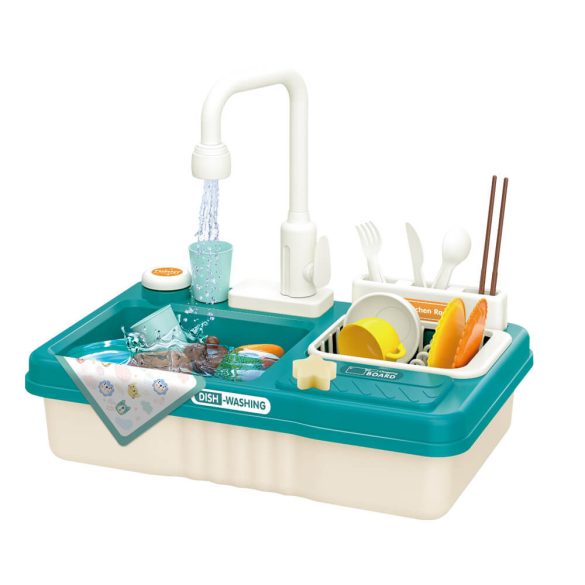 Játék mosogató, 23 db, 40 × 25 × 35 cm, kék, vízsugár funkció, elemes (3 db AA), tépőzáras zöldségek, teáskészlet, két részes
