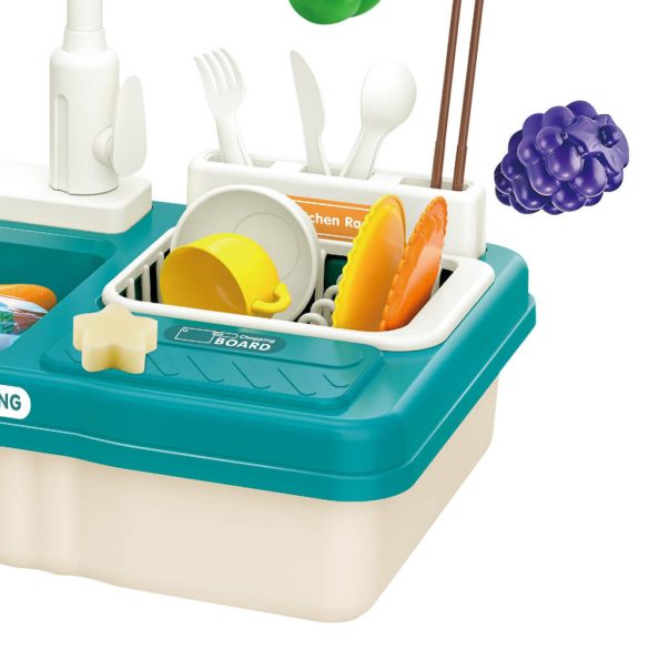 Játék mosogató, 23 db, 40 × 25 × 35 cm, kék, vízsugár funkció, elemes (3 db AA), tépőzáras zöldségek, teáskészlet, két részes