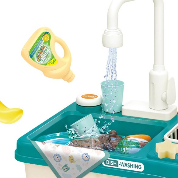Játék mosogató, 23 db, 40 × 25 × 35 cm, kék, vízsugár funkció, elemes (3 db AA), tépőzáras zöldségek, teáskészlet, két részes