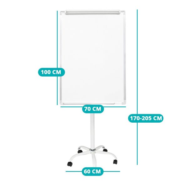 Mágneses flipchart tábla, 70 x 100 cm, műanyag, gurulós, állítható magasságú, 5 db fékezhető kerékkel, filctartó polccal, papír csiptetővel