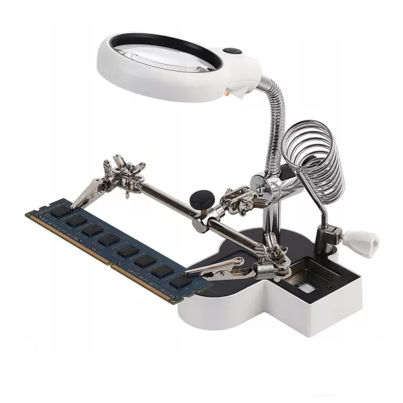 Harmadik kéz paneltartó, LED-es nagyítóval, 2 db csipesszel és pákatartóval, 6,5 cm + 1,7 cm lencse, 4,5x/11x nagyítás, 2 db LED, USB-ről vagy 3 db AAA elemmel működik, állítható, fém+ABS
