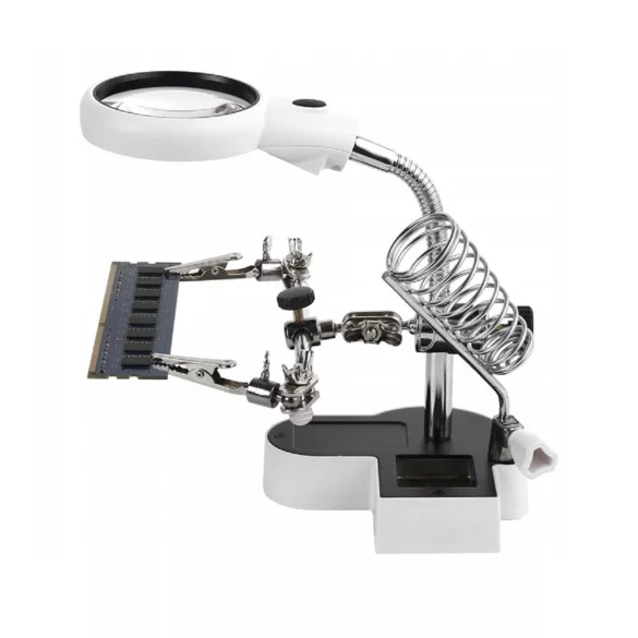 Harmadik kéz paneltartó, LED-es nagyítóval, 2 db csipesszel és pákatartóval, 6,5 cm + 1,7 cm lencse, 4,5x/11x nagyítás, 2 db LED, USB-ről vagy 3 db AAA elemmel működik, állítható, fém+ABS