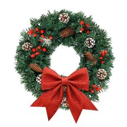   Karácsonyi ajtódísz, 60 cm, zöld, piros szatén masnival, műfenyő ágakkal, beltéri és kültéri, újrafelhasználható, elegáns megjelenés