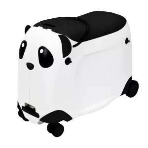 Gyerekbőrönd, panda mintás, gurulós, ráülős típus, 49 × 21 × 40 cm, fehér-fekete, műanyag ház, 55 kg terhelhetőség, tágas belső rekesszel