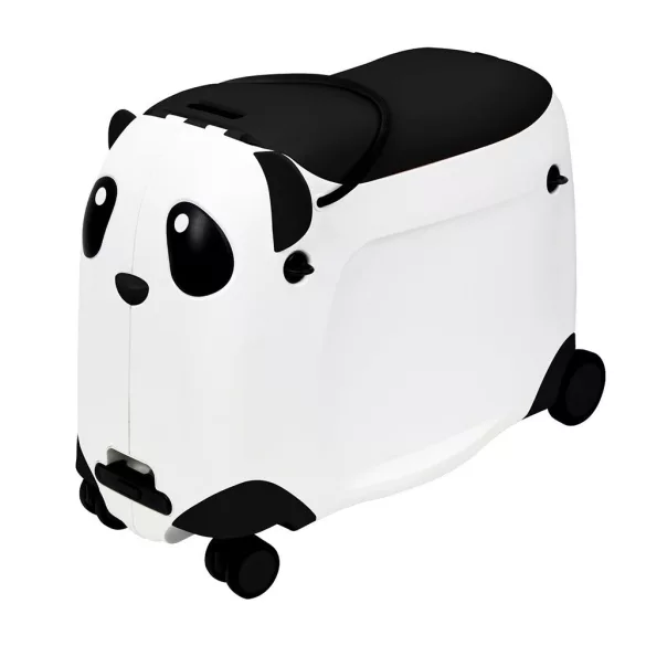Gyerekbőrönd, panda mintás, gurulós, ráülős típus, 49 × 21 × 40 cm, fehér-fekete, műanyag ház, 55 kg terhelhetőség, tágas belső rekesszel