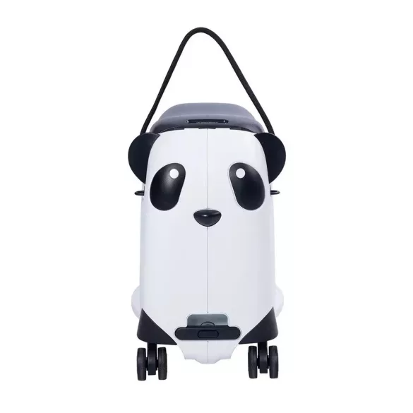 Gyerekbőrönd, panda mintás, gurulós, ráülős típus, 49 × 21 × 40 cm, fehér-fekete, műanyag ház, 55 kg terhelhetőség, tágas belső rekesszel