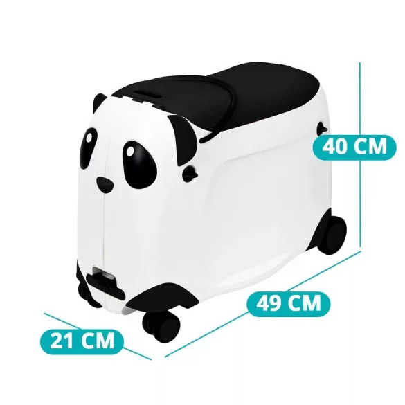 Gyerekbőrönd, panda mintás, gurulós, ráülős típus, 49 × 21 × 40 cm, fehér-fekete, műanyag ház, 55 kg terhelhetőség, tágas belső rekesszel