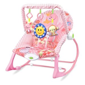 Pihenőszék gyerekeknek, rezgő és zenélő, 18 kg-ig, rózsaszín, állítható háttámlával, játékhíddal, elemes működés, mosógépben mosható huzat