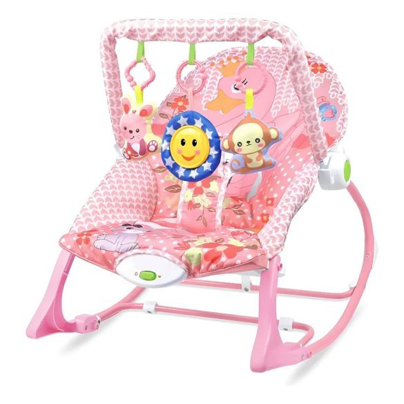 Pihenőszék gyerekeknek, rezgő és zenélő, 18 kg-ig, rózsaszín, állítható háttámlával, játékhíddal, elemes működés, mosógépben mosható huzat