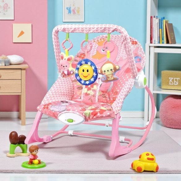 Pihenőszék gyerekeknek, rezgő és zenélő, 18 kg-ig, rózsaszín, állítható háttámlával, játékhíddal, elemes működés, mosógépben mosható huzat