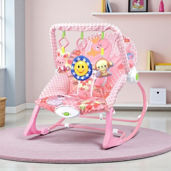 Pihenőszék gyerekeknek, rezgő és zenélő, 18 kg-ig, rózsaszín, állítható háttámlával, játékhíddal, elemes működés, mosógépben mosható huzat