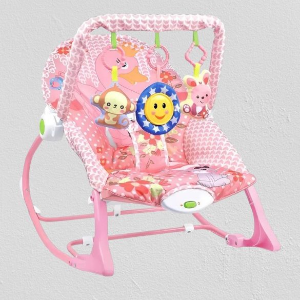 Pihenőszék gyerekeknek, rezgő és zenélő, 18 kg-ig, rózsaszín, állítható háttámlával, játékhíddal, elemes működés, mosógépben mosható huzat