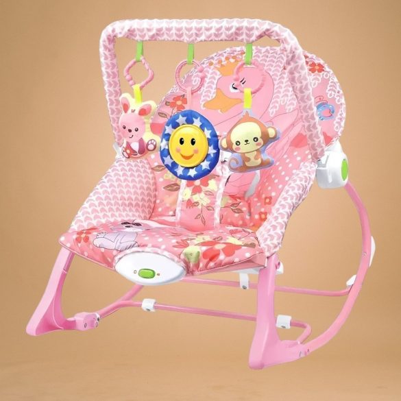 Pihenőszék gyerekeknek, rezgő és zenélő, 18 kg-ig, rózsaszín, állítható háttámlával, játékhíddal, elemes működés, mosógépben mosható huzat