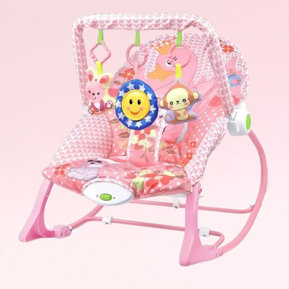 Pihenőszék gyerekeknek, rezgő és zenélő, 18 kg-ig, rózsaszín, állítható háttámlával, játékhíddal, elemes működés, mosógépben mosható huzat