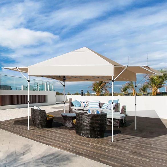Kerti pavilon árnyékolóval és félhátfallal, 3 × 3 × 2,8 m, bézs színben, horganyzott acél vázzal, vízálló oxford anyagból, állítható árnyékoló toldatokkal, stabil és könnyen felállítható szerkezettel, kültéri használatra