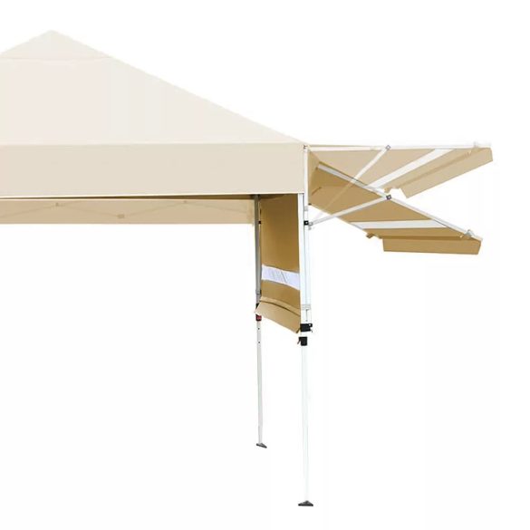 Kerti pavilon árnyékolóval és félhátfallal, 3 × 3 × 2,8 m, bézs színben, horganyzott acél vázzal, vízálló oxford anyagból, állítható árnyékoló toldatokkal, stabil és könnyen felállítható szerkezettel, kültéri használatra