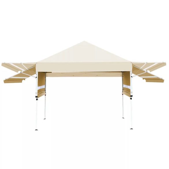 Kerti pavilon árnyékolóval és félhátfallal, 3 × 3 × 2,8 m, bézs színben, horganyzott acél vázzal, vízálló oxford anyagból, állítható árnyékoló toldatokkal, stabil és könnyen felállítható szerkezettel, kültéri használatra