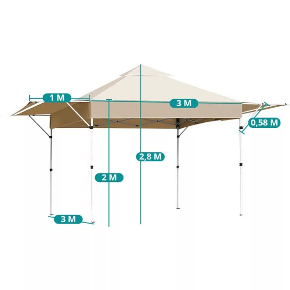 Kerti pavilon árnyékolóval és félhátfallal, 3 × 3 × 2,8 m, bézs színben, horganyzott acél vázzal, vízálló oxford anyagból, állítható árnyékoló toldatokkal, stabil és könnyen felállítható szerkezettel, kültéri használatra