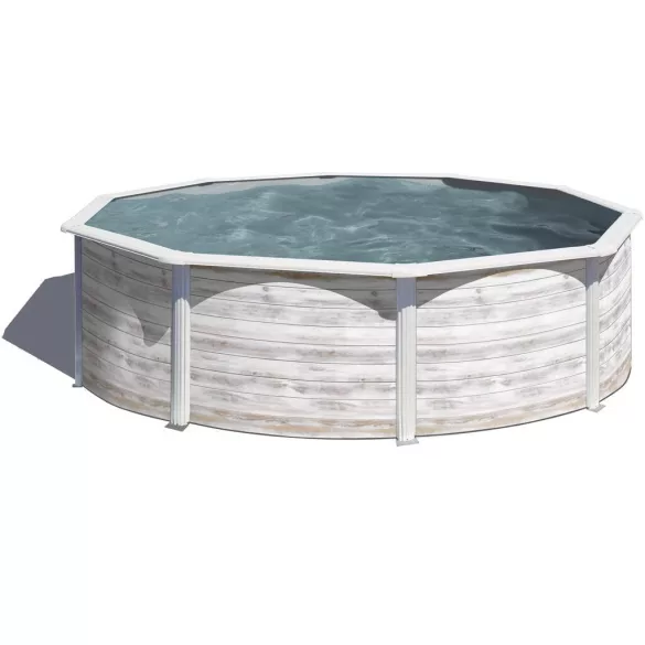Fémpalástos medence szett, Gre KIT350N, 350 x 120 cm, antikfehér, kör alakú, homokszűrős vízforgatóval, létrával