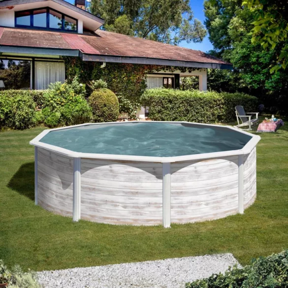 Fémpalástos medence szett, Gre KIT350N, 350 x 120 cm, antikfehér, kör alakú, homokszűrős vízforgatóval, létrával