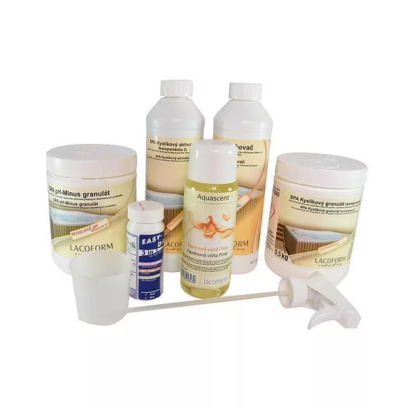 Jakuzzi vízkezelő készlet, Chemoform, aktív oxigénes, habzásgátlóval és pH-csökkentővel, aromával, tesztcsíkokkal