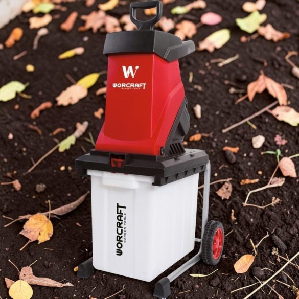 Elektromos kerti ágaprító, Worcraft WPSH202, piros/fekete, 2500 W, 50 l gyűjtőkosár, késes, maximum 40 mm ágátmérő, kerekes