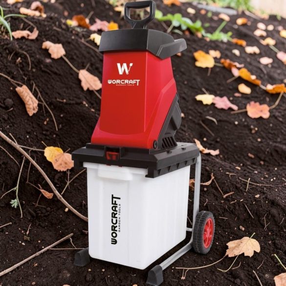 Elektromos kerti ágaprító, Worcraft WPSH202, piros/fekete, 2500 W, 50 l gyűjtőkosár, késes, maximum 40 mm ágátmérő, kerekes