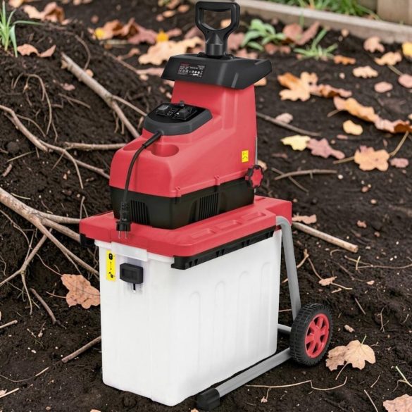 Elektromos kerti ágaprító, Worcraft WPSH203, piros/fekete, 2800 W, 60 l gyűjtőkosár, fogazott aprítófej, maximum 44 mm ágátmérő, kerekes, automatikus behúzás
