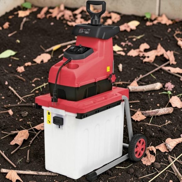 Elektromos kerti ágaprító, Worcraft WPSH203, piros/fekete, 2800 W, 60 l gyűjtőkosár, fogazott aprítófej, maximum 44 mm ágátmérő, kerekes, automatikus behúzás