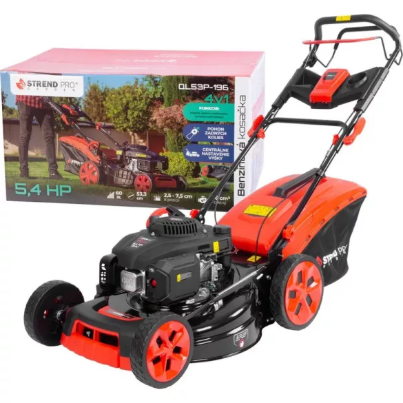 Benzinmotoros fűnyíró, Strend Pro Garden QL53P-196, fekete/piros, vágásszélesség: 53 cm, Loncin V200 motor, 196 cm3, 4 ütemű, 4000 W, 5,4 LE, 3600 fordulat/perc, 60 l gyűjtőkosár, oldalkidobás, mulcsozás, önjáró