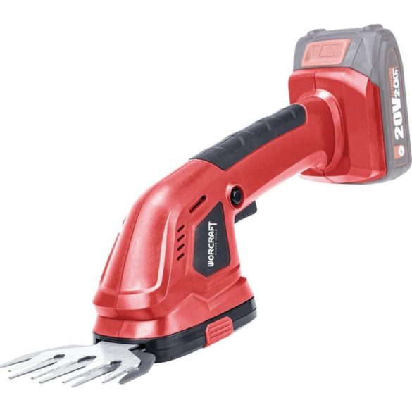 Akkumulátoros fű és sövényvágó olló, Worcraft CGS-S20LiC ShareSYS, piros/fekete, 20 V Li-Ion, cserélhető penge, fűvágó: 9,5 cm, sövényvágó: 20 cm, akkumulátor és töltő nélkül