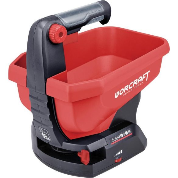 Akkumulátoros szórógép, Worcraft CHSP-S20Li ShareSYS, piros/fekete, 3,6 l, műanyag, 20 V Li-Ion, ömlesztett anyagokhoz, műtrágyához, fűmaghoz, útszóró sóhoz, akkumulátor és töltő nélkül