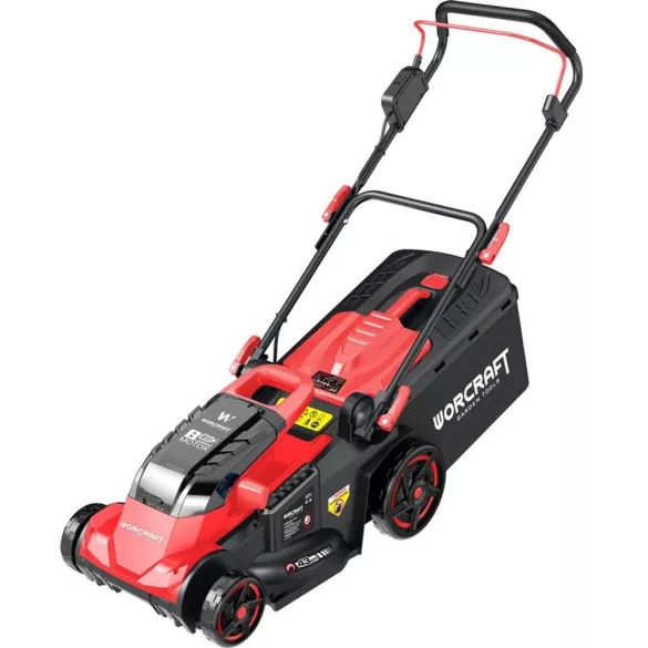 Akkumulátoros fűnyíró, Worcraft CLM-S40LiBL ShareSYS, fekete/piros, vágásszélesség: 43 cm, 2 × 20 V Li-Ion, 3300 fordulat/perc, 45 l gyűjtőkosár, akkumulátor és töltő nélkül