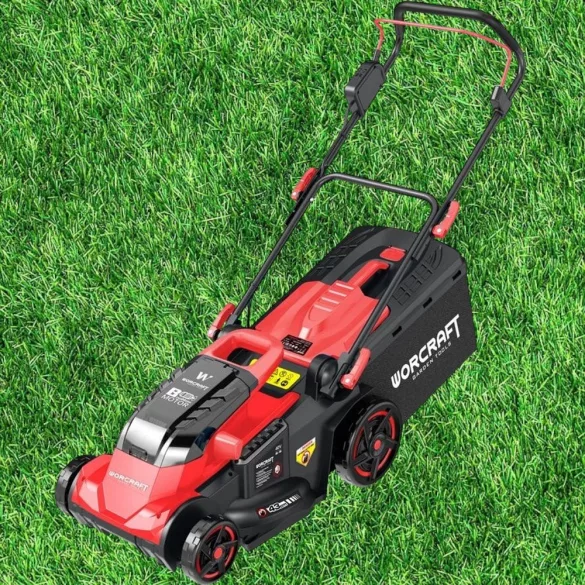 Akkumulátoros fűnyíró, Worcraft CLM-S40LiBL ShareSYS, fekete/piros, vágásszélesség: 43 cm, 2 × 20 V Li-Ion, 3300 fordulat/perc, 45 l gyűjtőkosár, akkumulátor és töltő nélkül