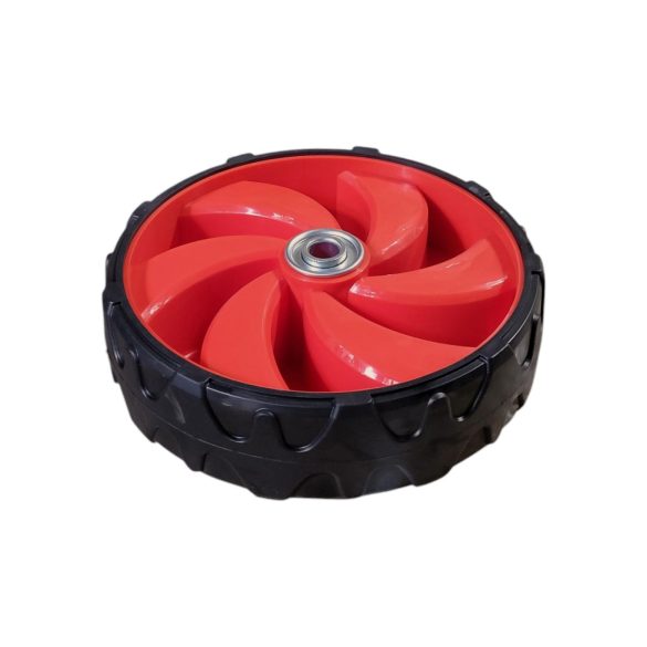 Fűnyíró kerék, Strend Pro Garden TB53S13 benzinmotoros fűnyíróhoz, piros/fekete, 12. számú pótalkatrész, golyóscsapágyas, barázdált gumiperem, ütésálló műanyag felni