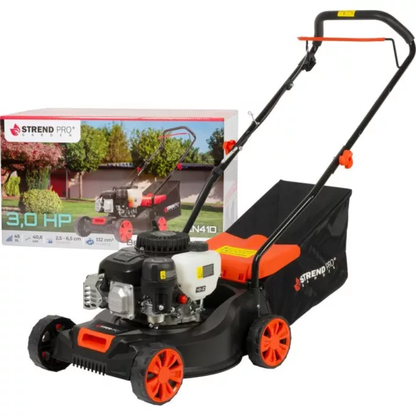 Benzinmotoros fűnyíró, Strend Pro Garden QN41D, fekete/narancssárga, vágásszélesség: 40,6 cm, 132 cm3, 4 ütemű, 2200 W, 3 LE, 45 l gyűjtőkosár, kézi tolás