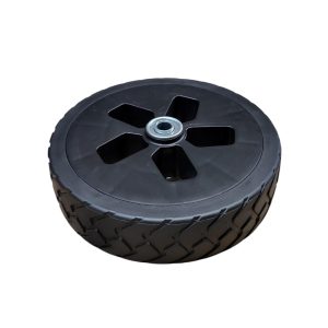 Fűnyíró kerék, Strend Pro QL46PD-139 benzinmotoros fűnyíróhoz, fekete, 4. számú pótalkatrész, csapágyazott, ütésálló műanyag, gumírozott futófelület, V-mintázatú