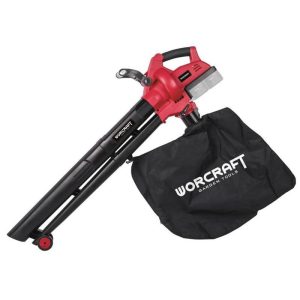 Akkumulátoros lombfúvó-szívó, Worcraft CLBV-S40Li ShareSYS, piros/fekete, 2 x 20 V Li-Ion, légsebesség: 230 km/h, légszállítás: 8 m3/perc, 45 l gyűjtőzsák, akkumulátor és töltő nélkül