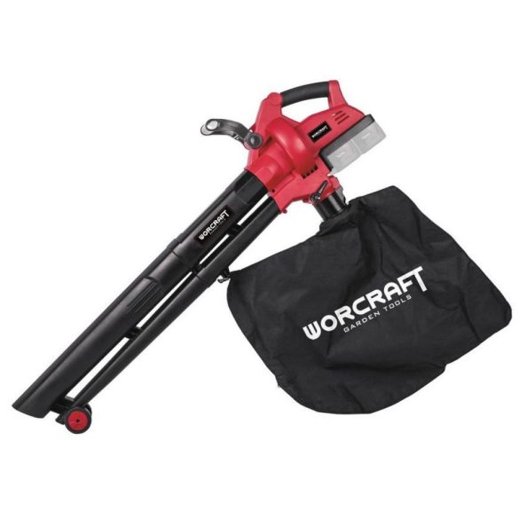 Akkumulátoros lombfúvó-szívó, Worcraft CLBV-S40Li ShareSYS, piros/fekete, 2 x 20 V Li-Ion, légsebesség: 230 km/h, légszállítás: 8 m3/perc, 45 l gyűjtőzsák, akkumulátor és töltő nélkül
