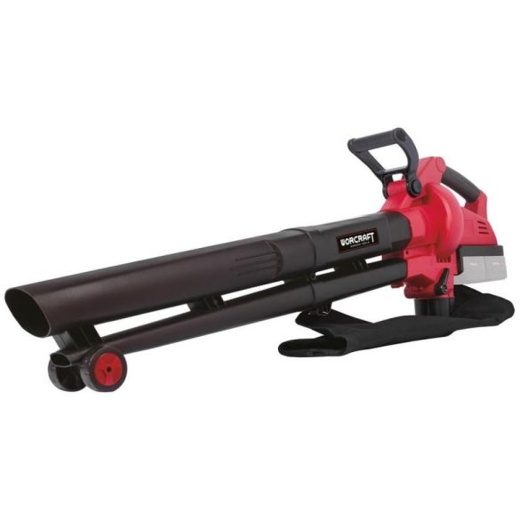 Akkumulátoros lombfúvó-szívó, Worcraft CLBV-S40Li ShareSYS, piros/fekete, 2 x 20 V Li-Ion, légsebesség: 230 km/h, légszállítás: 8 m3/perc, 45 l gyűjtőzsák, akkumulátor és töltő nélkül
