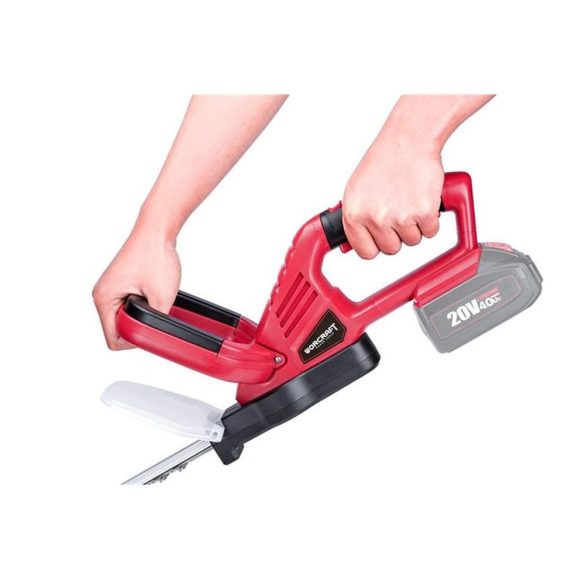 Akkumulátoros sövényvágó, Worcraft CHT-S20LiA ShareSYS, piros/fekete, 51 cm pengehossz, 20 V Li-Ion, 1200 löket/perc, ütésvédelem, maximum 20 mm ágvastagság, akkumulátor és töltő nélkül